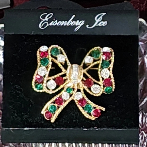 ***NWT*** Eisenberg Ice 1960s Christmas Ribbon Bow Brooch with Green Red Stones - Picture 2 of 9